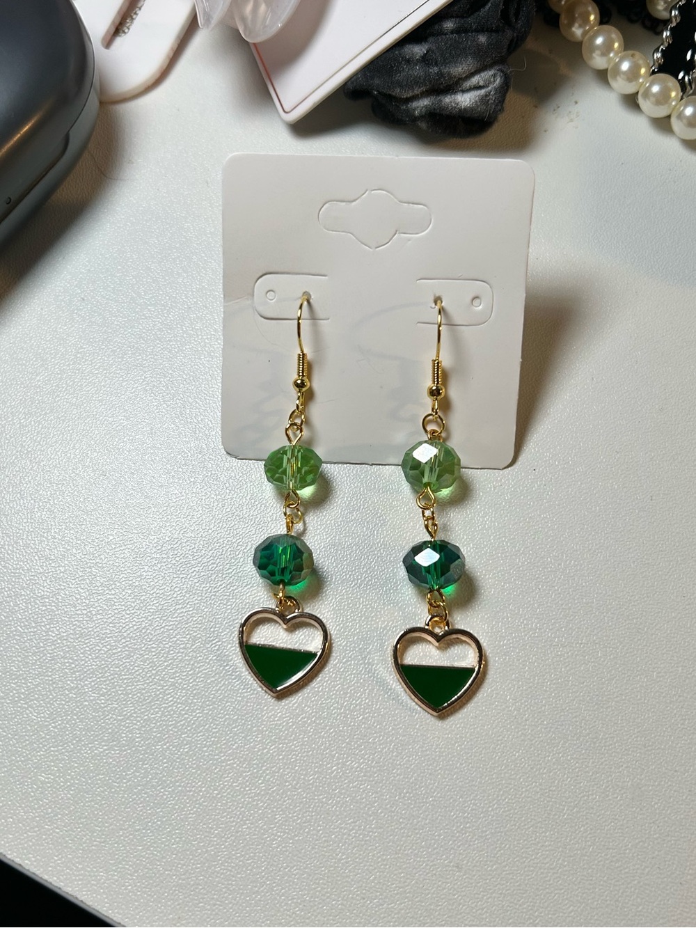 Gold-Tone Green Heart Drop Earrings with Faceted Beads